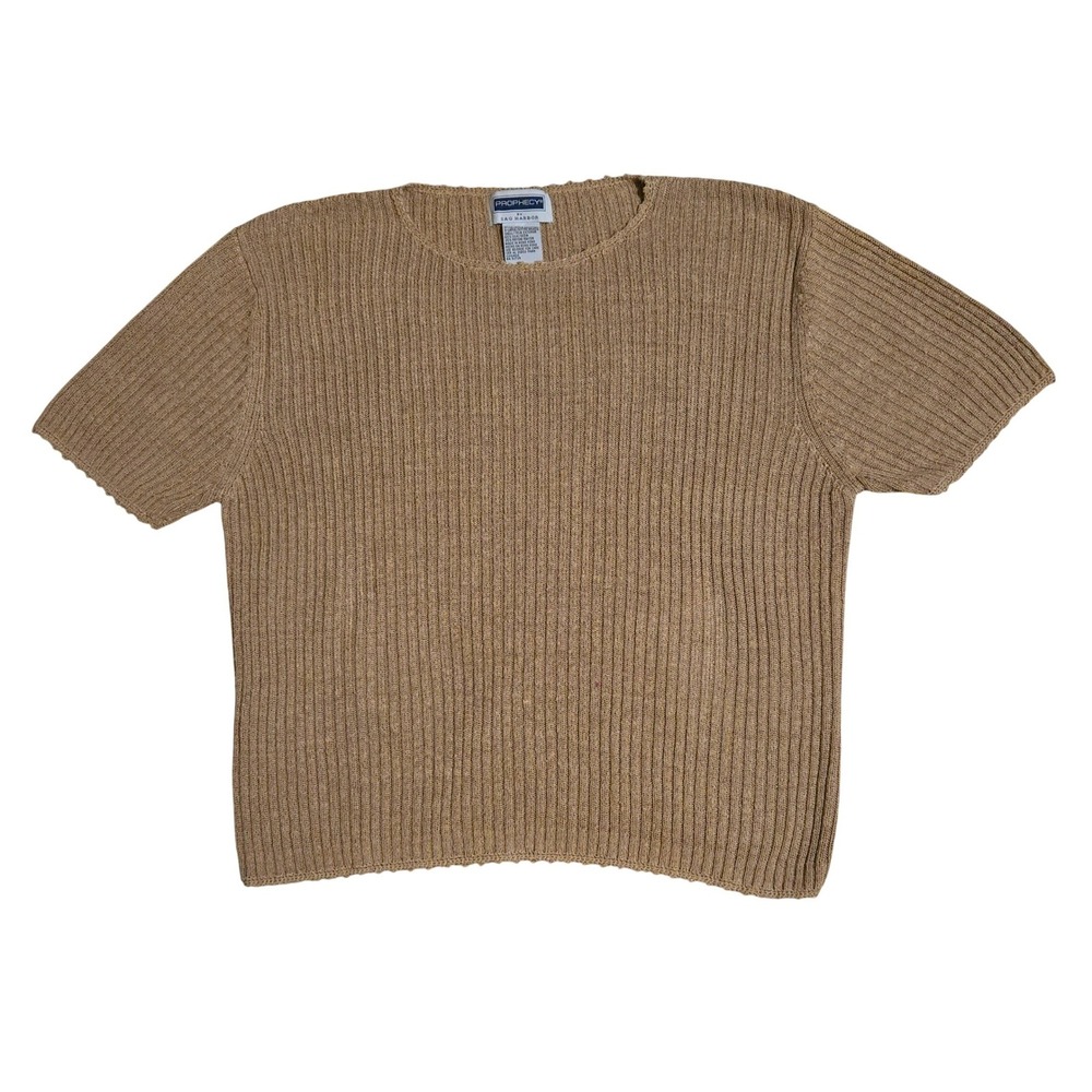 Y2K, Prophecy by Sag Harbor Tan Silk Blend Ribbed Short Sleeve Knit Sweater XL